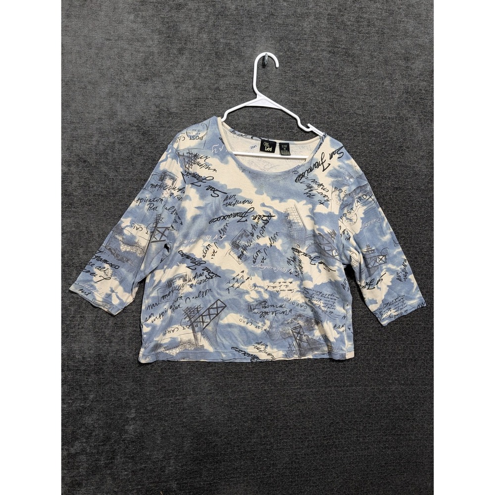 Ms. Lee Womens 1X Blue Postcard Script Print 3/4 Sleeve Scoop Neck Top 2041
